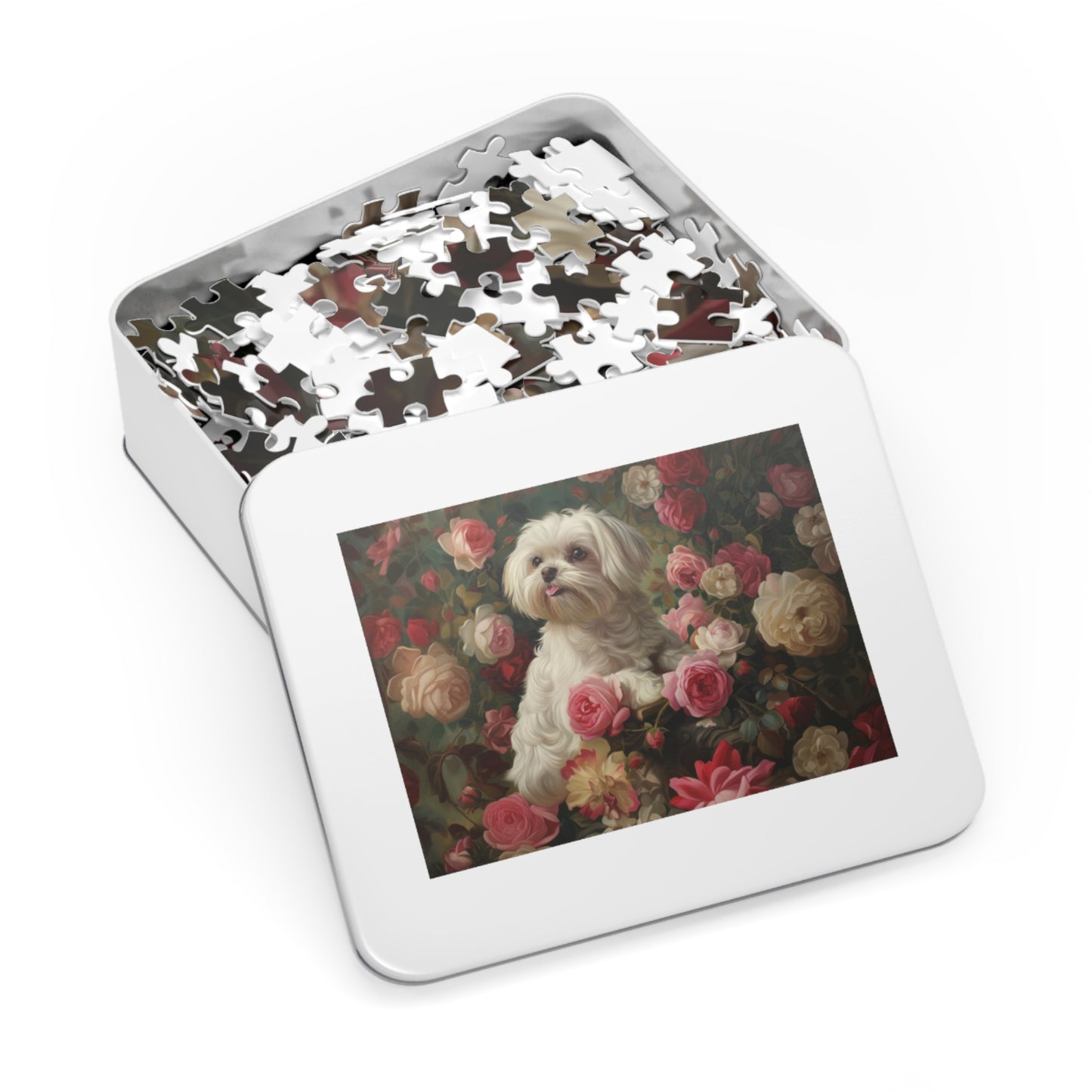 Charming Dog Floral Jigsaw Puzzle with Tin - Perfect Gift for Dog Lovers, Family, Friends, Home Decor, Relaxation Activity