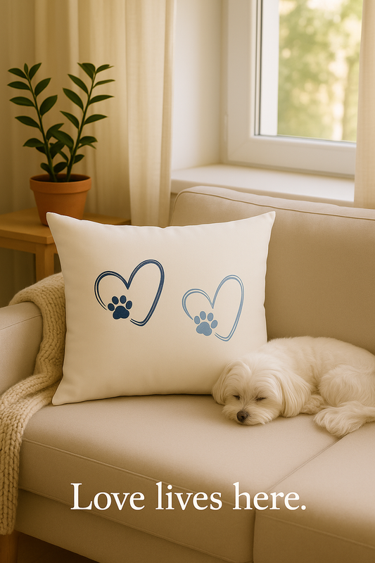 White pillow with blue paw print hearts on a beige couch, next to a sleeping Maltese dog – cozy home interior