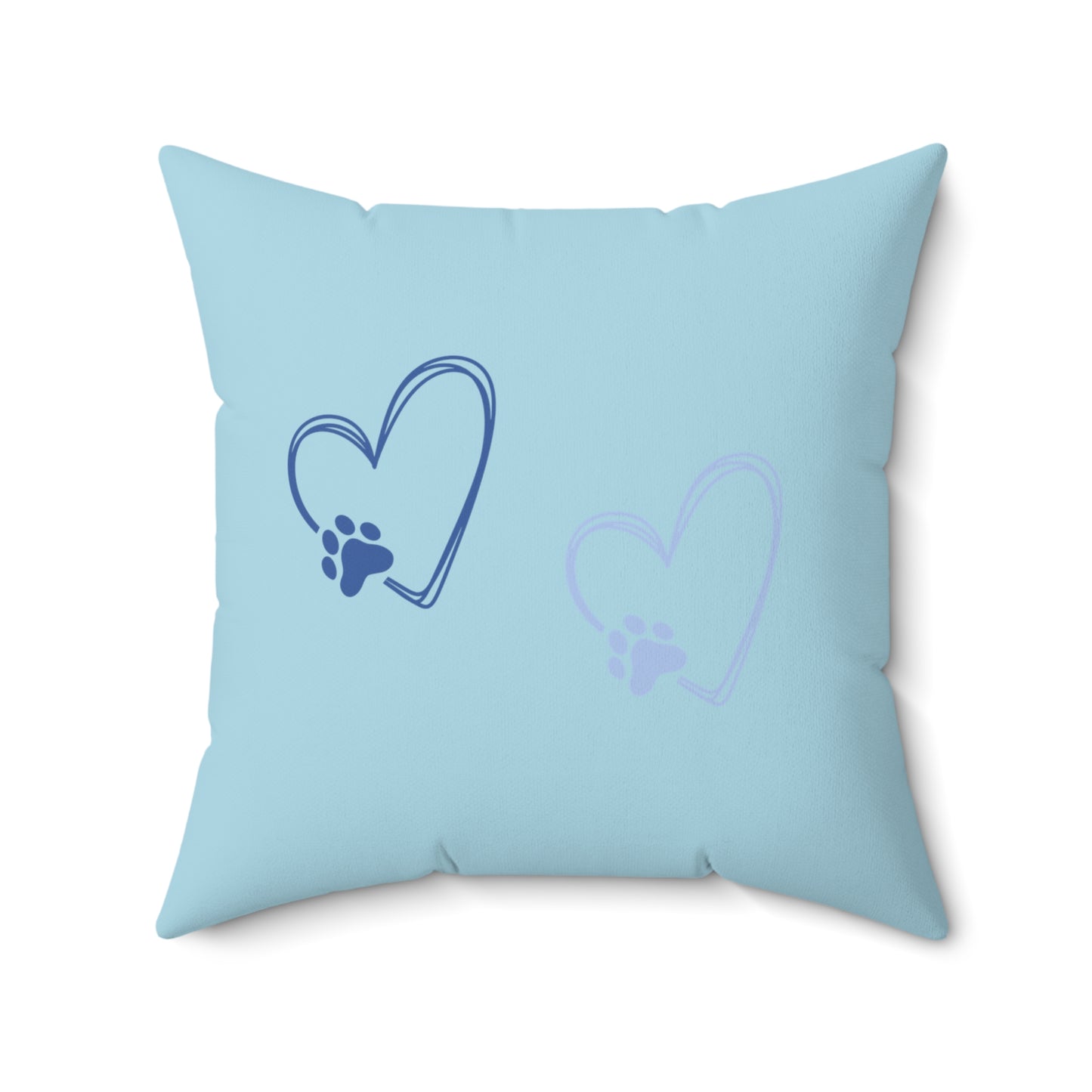 Light blue pet-themed pillow with heart-shaped paw prints in white and navy blue