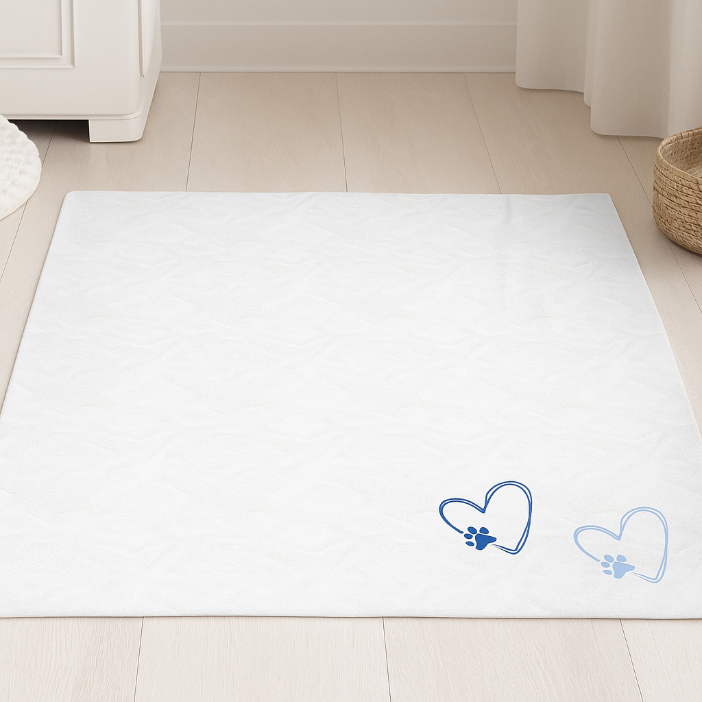A white velveteen blanket with two blue heart and paw print designs, displayed in a minimal Scandinavian-style room.