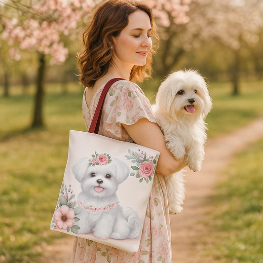 Woman in floral dress holding Maltese dog and carrying tote bag with pastel Maltese puppy and rose blossom design