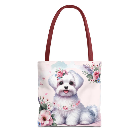 Tote bag featuring a white Maltese puppy illustration with pink flowers and floral wreath on a soft cream background