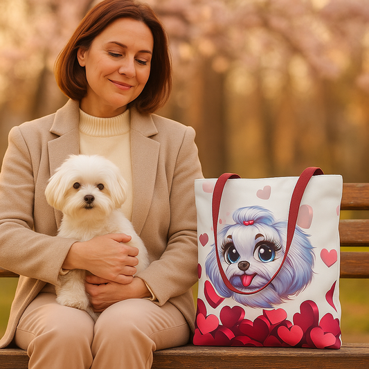 Woman sitting on a park bench with a white Maltese dog, holding a heart-themed tote bag featuring a cartoon Maltese illustration