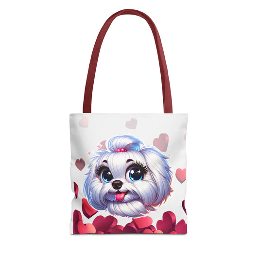 Heart-themed tote bag with cartoon Maltese dog and red hearts, front view