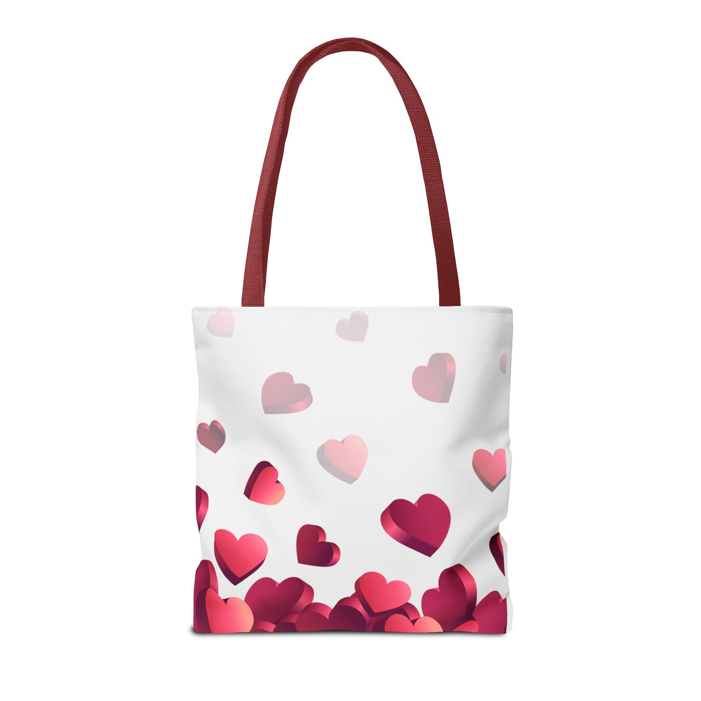 Side view of heart-themed tote bag with cartoon Maltese dog and red hearts