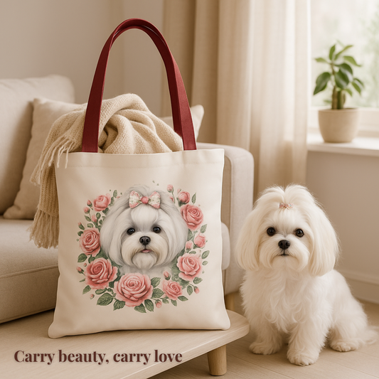 Coquette-style tote bag with Maltese puppy and rose design, displayed in a cozy interior scene
