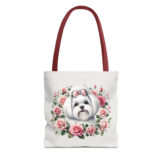 White tote bag with cute Maltese dog and pink roses, coquette aesthetic