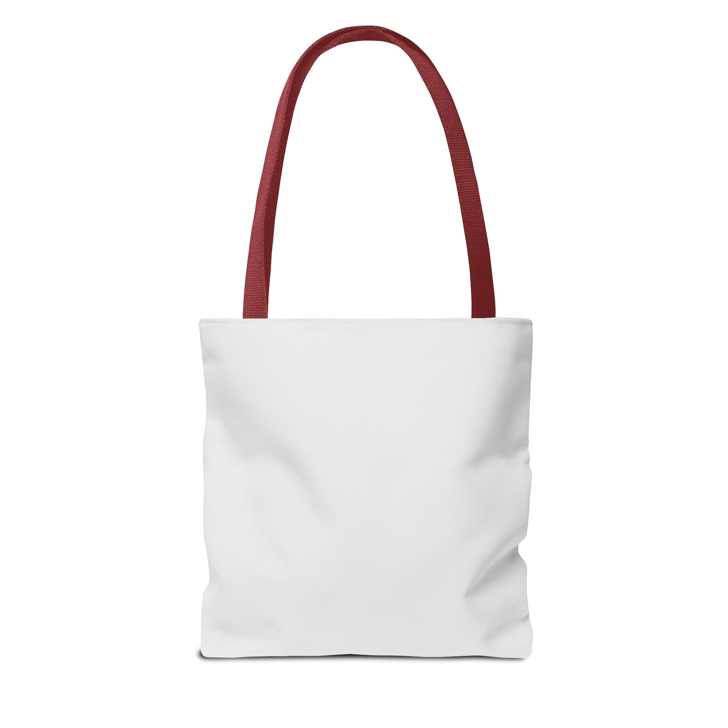 Plain white tote bag with burgundy handles, minimalist back view
