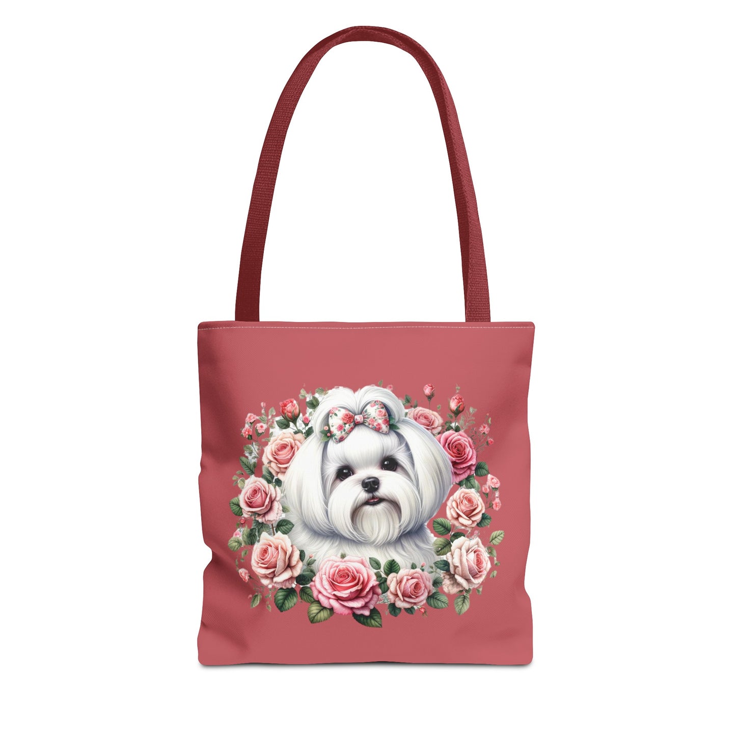 Dusky rose tote bag with Maltese dog and floral motif, romantic design