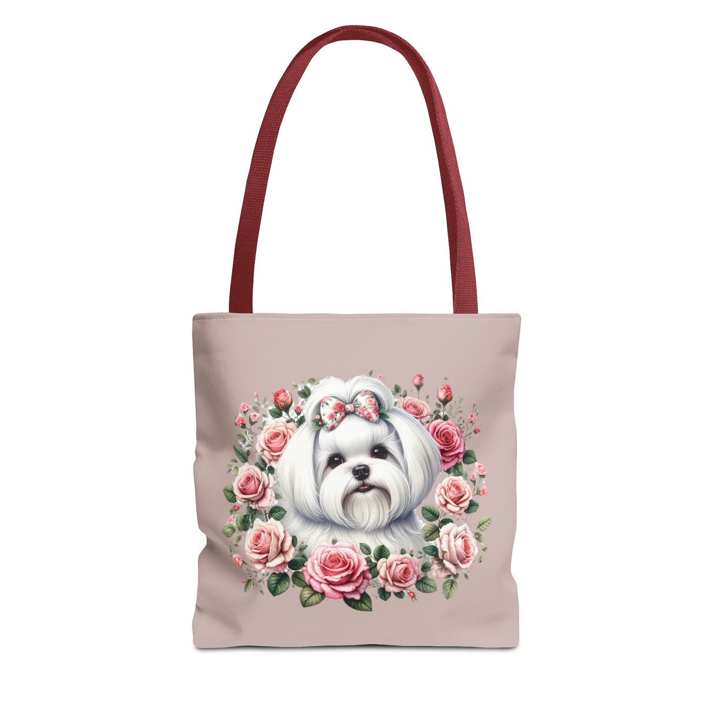 Cream beige tote bag with fluffy Maltese dog and roses illustration