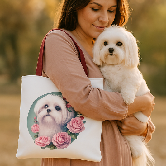 Woman holding a Maltese dog and wearing a white tote bag featuring a cute Maltese puppy with pink roses, in a warm autumn park setting