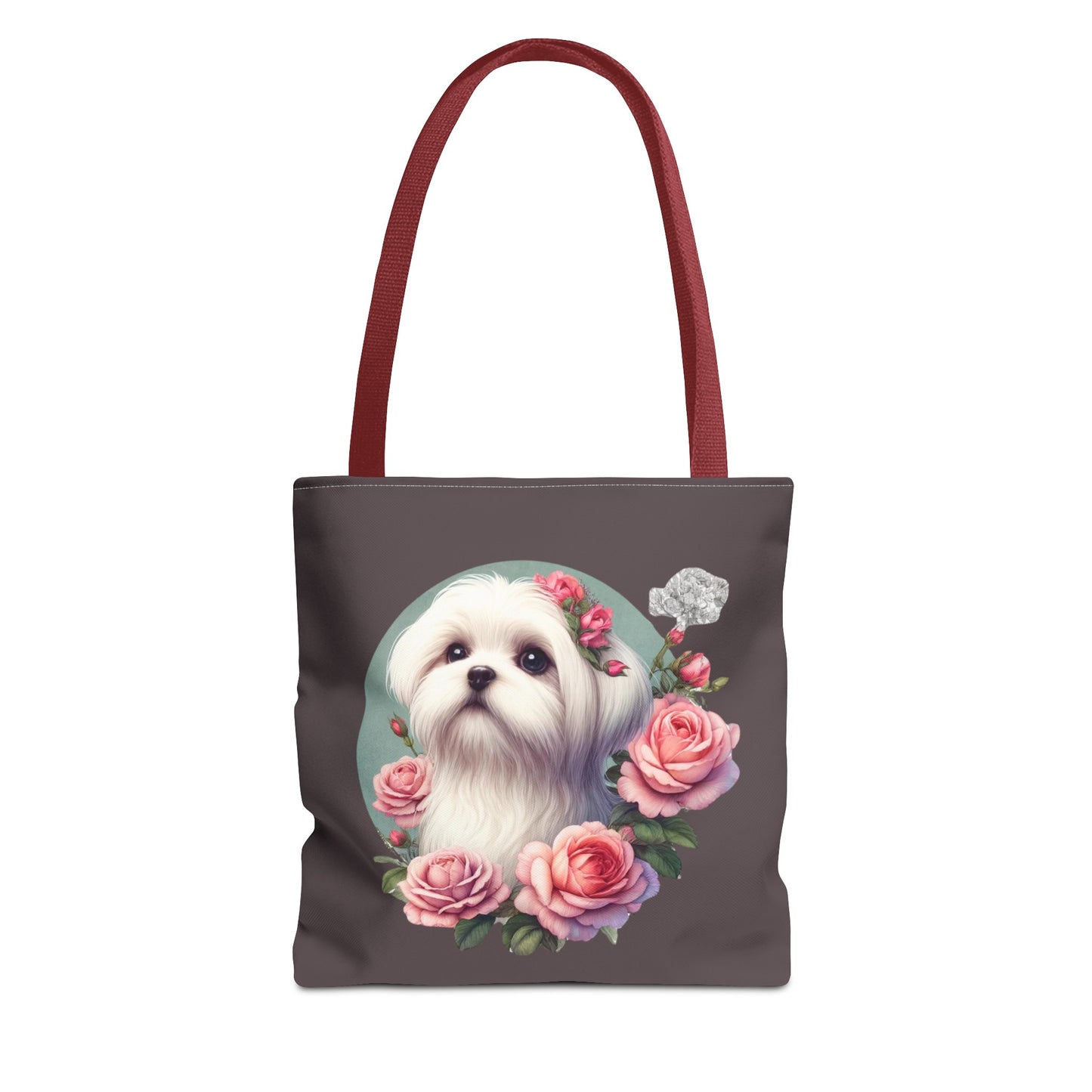Dark grey tote bag with Maltese puppy and pink roses illustration, red handles