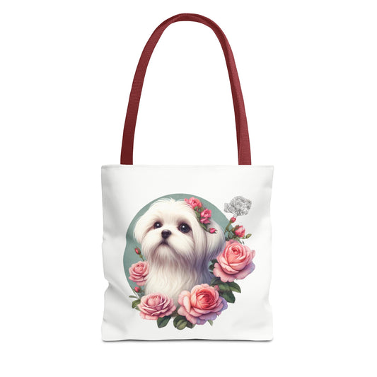 White tote bag with Maltese puppy and pink roses illustration, red handles