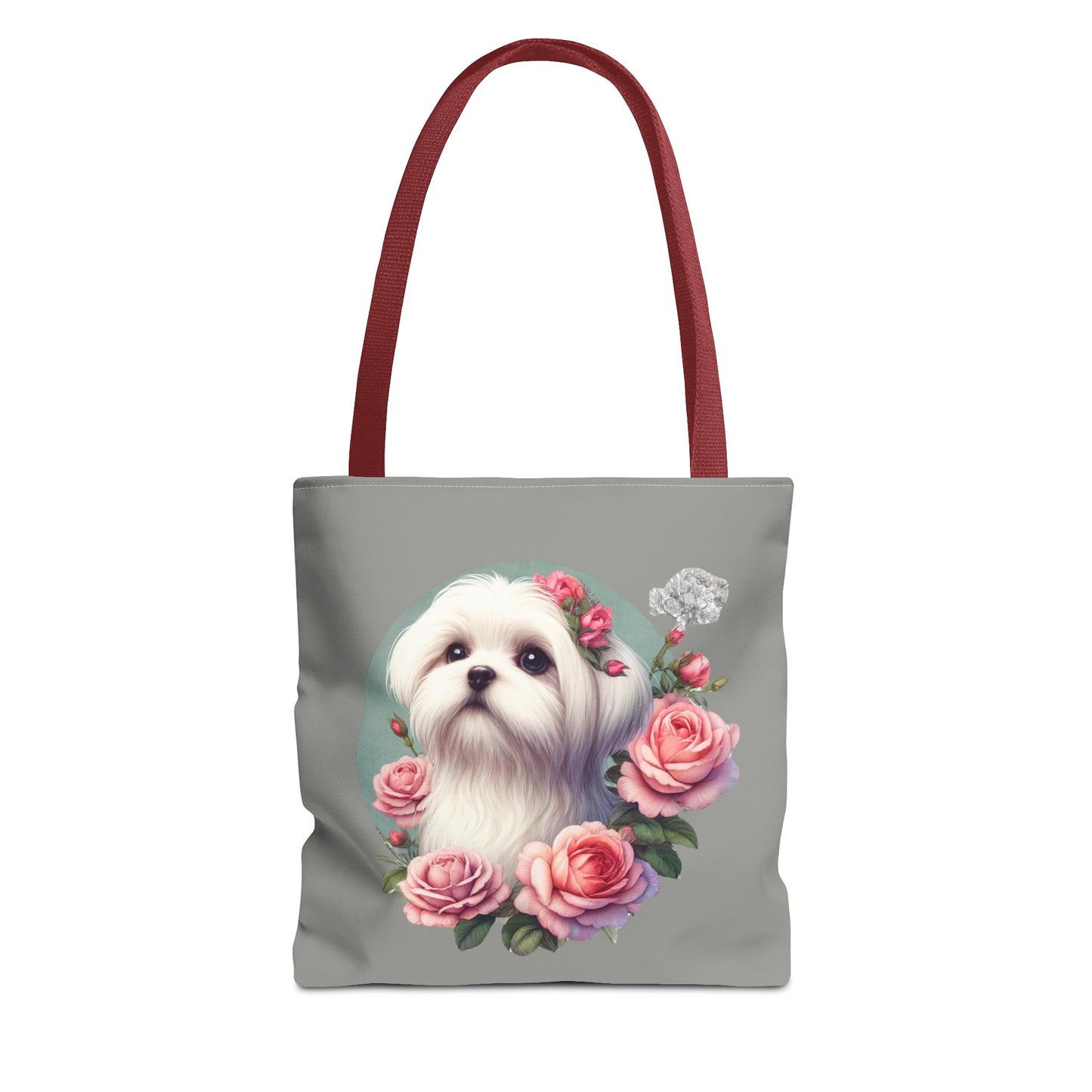 Grey tote bag with Maltese puppy and pink roses illustration, red handles
