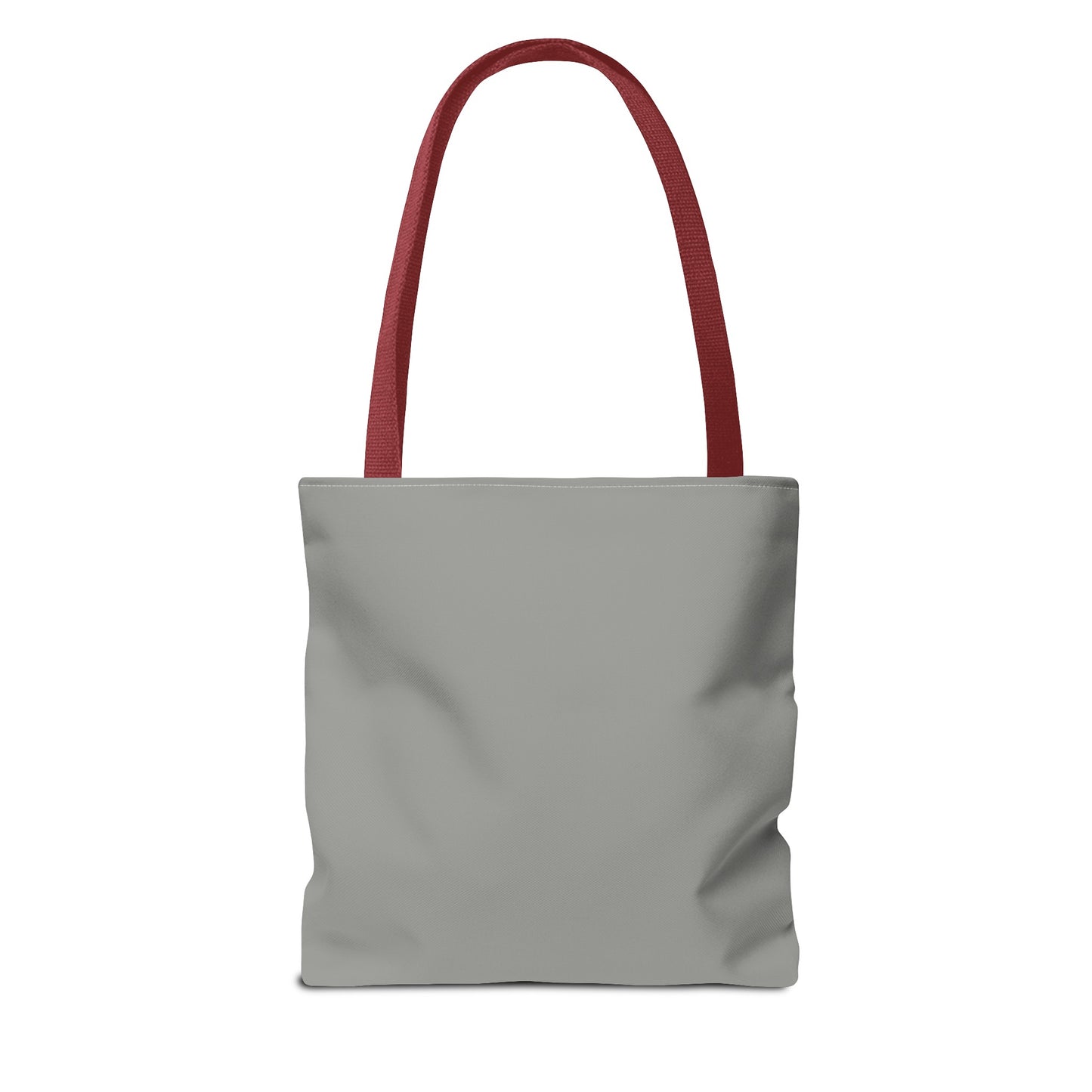 Plain dusty grey tote bag with red handles, no design