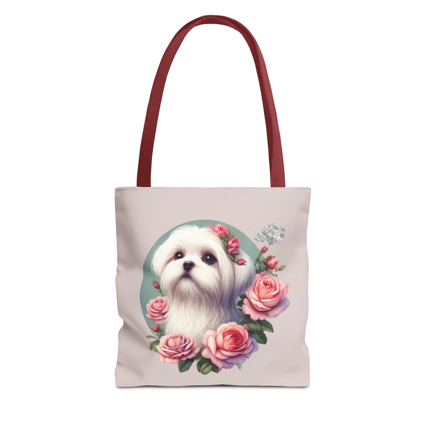 Soft grey tote bag with Maltese puppy and pink roses illustration, red handles