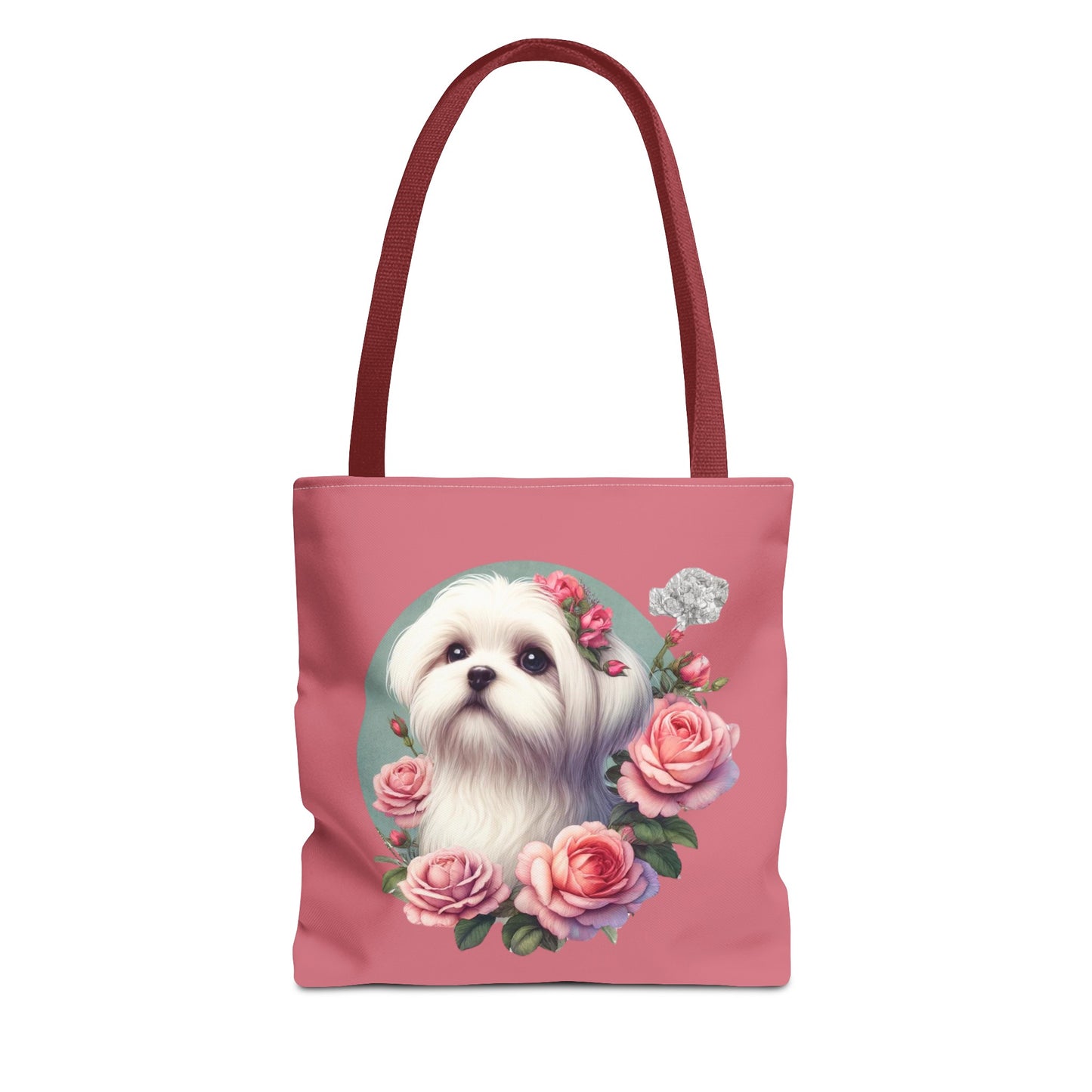 Old pink tote bag with Maltese puppy and pink roses illustration, red handles
