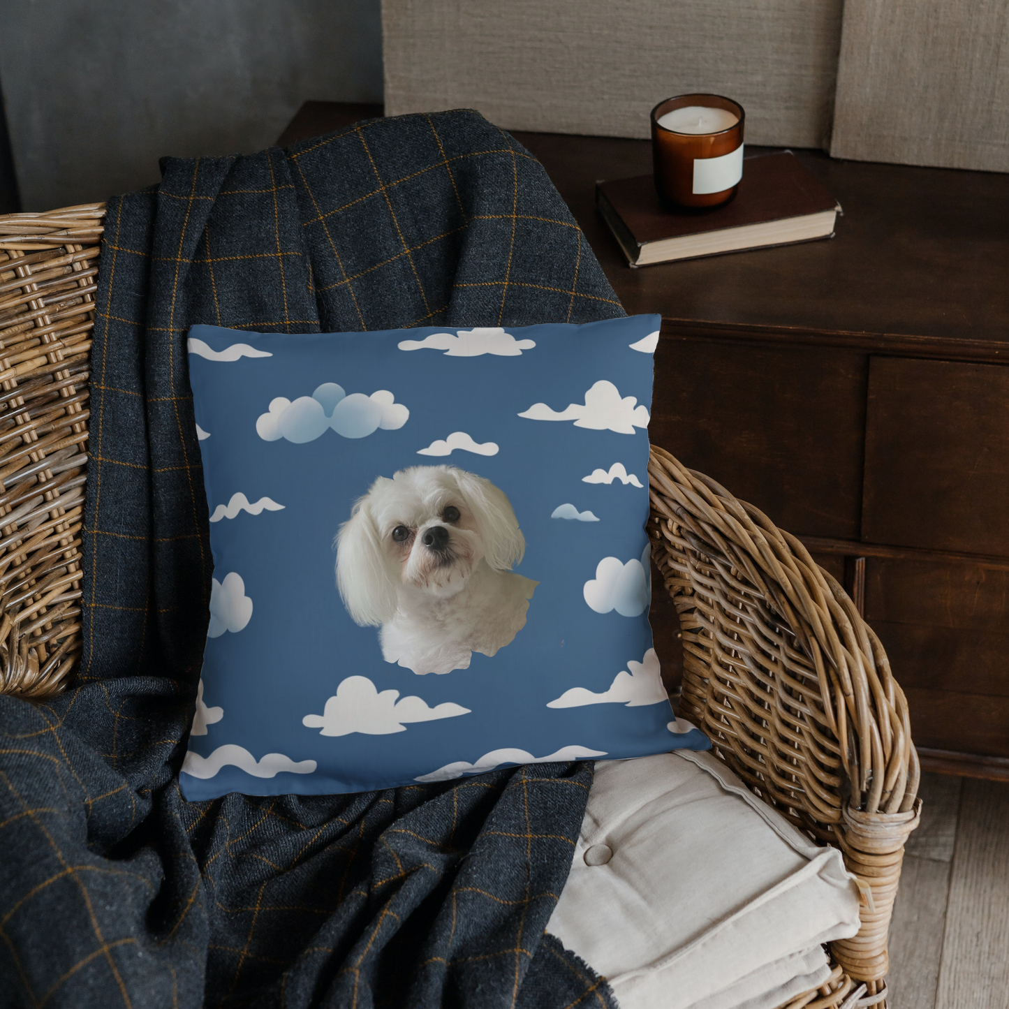 Personalized blue square pillow with custom dog photo and soft cloud pattern design on chair