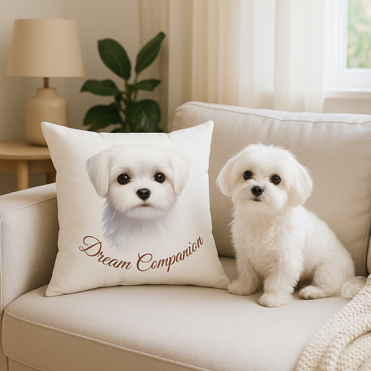 A white Maltese pillow with the text 'Dream Companion' on a sofa, featuring an image of a Maltese puppy.