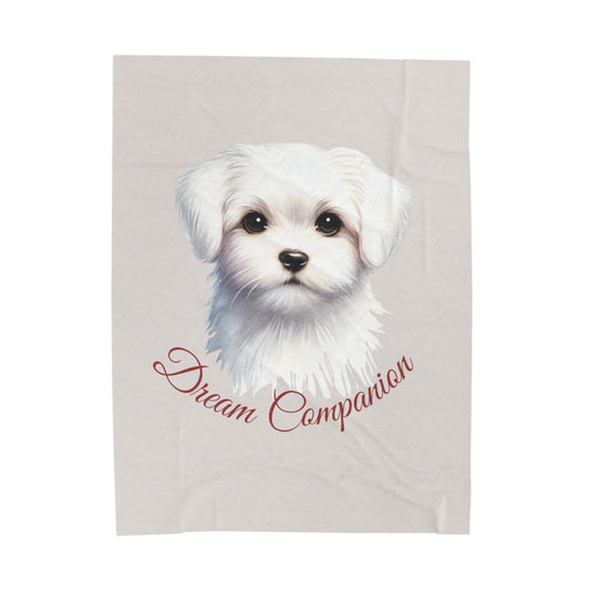 Dream Companion blanket in lotion color with Maltese dog design on soft fabric
