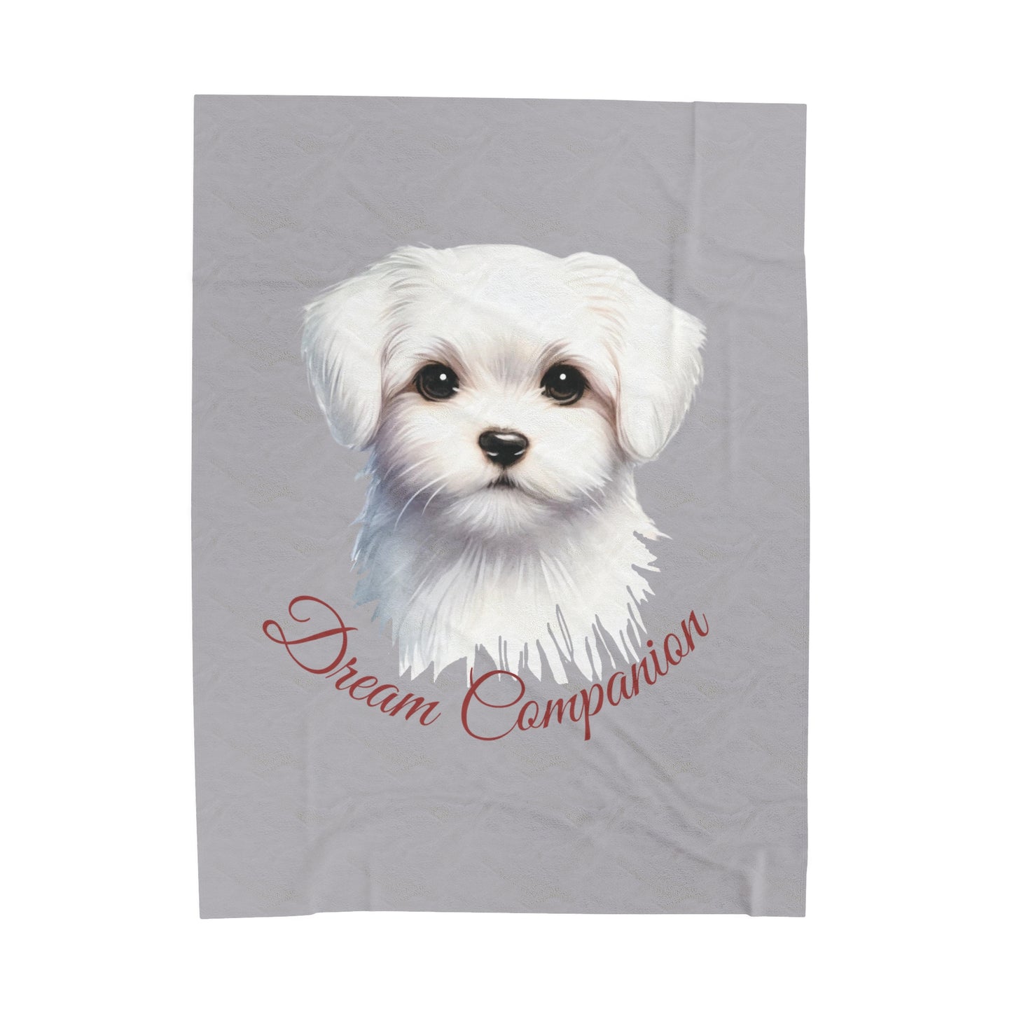 Dream Companion blanket in light grey with illustrated Maltese dog print