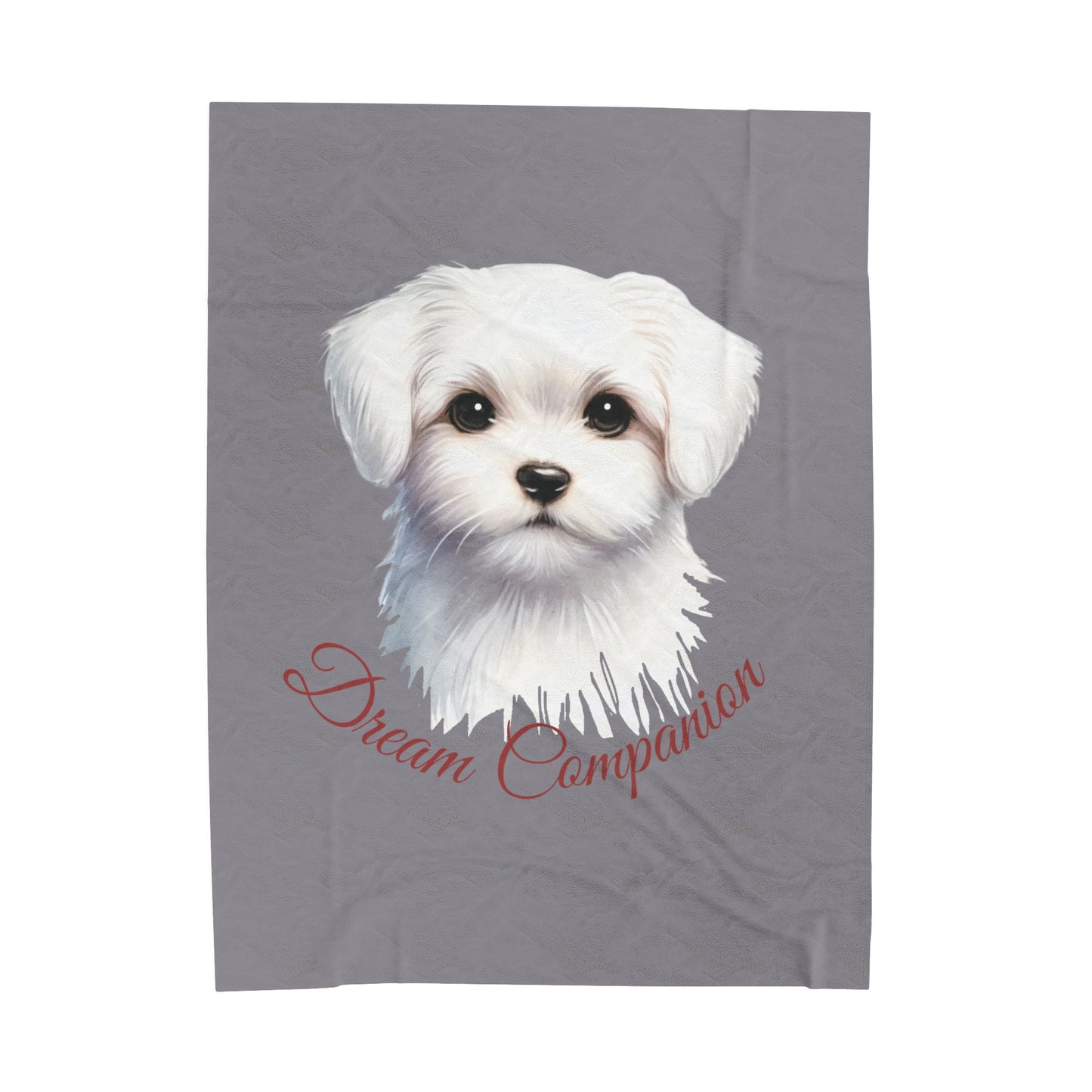 Dream Companion plush blanket in warm grey featuring cute Maltese puppy