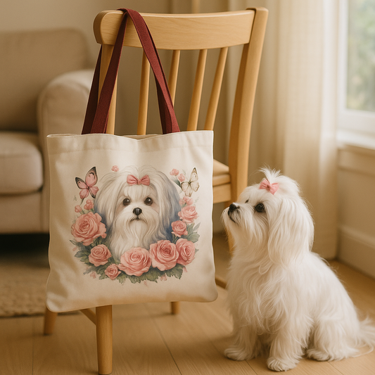 Maltese dog looking up at Floral Coquette Maltese Tote Bag hanging on a chair in a cozy home interior