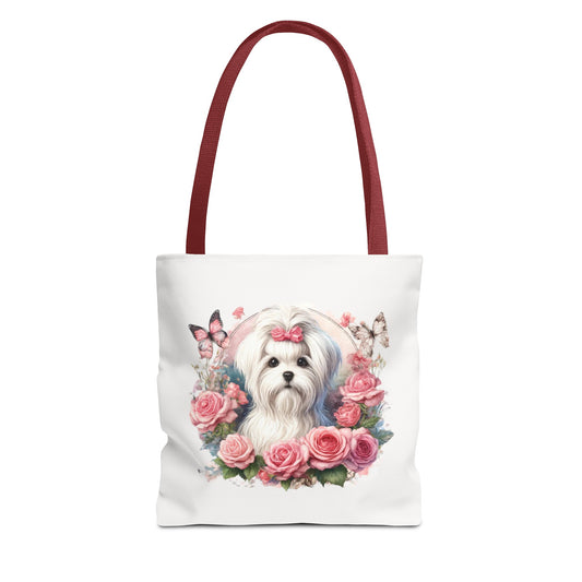 Floral Coquette Maltese Tote Bag with Maltese puppy and rose bouquet design, front view