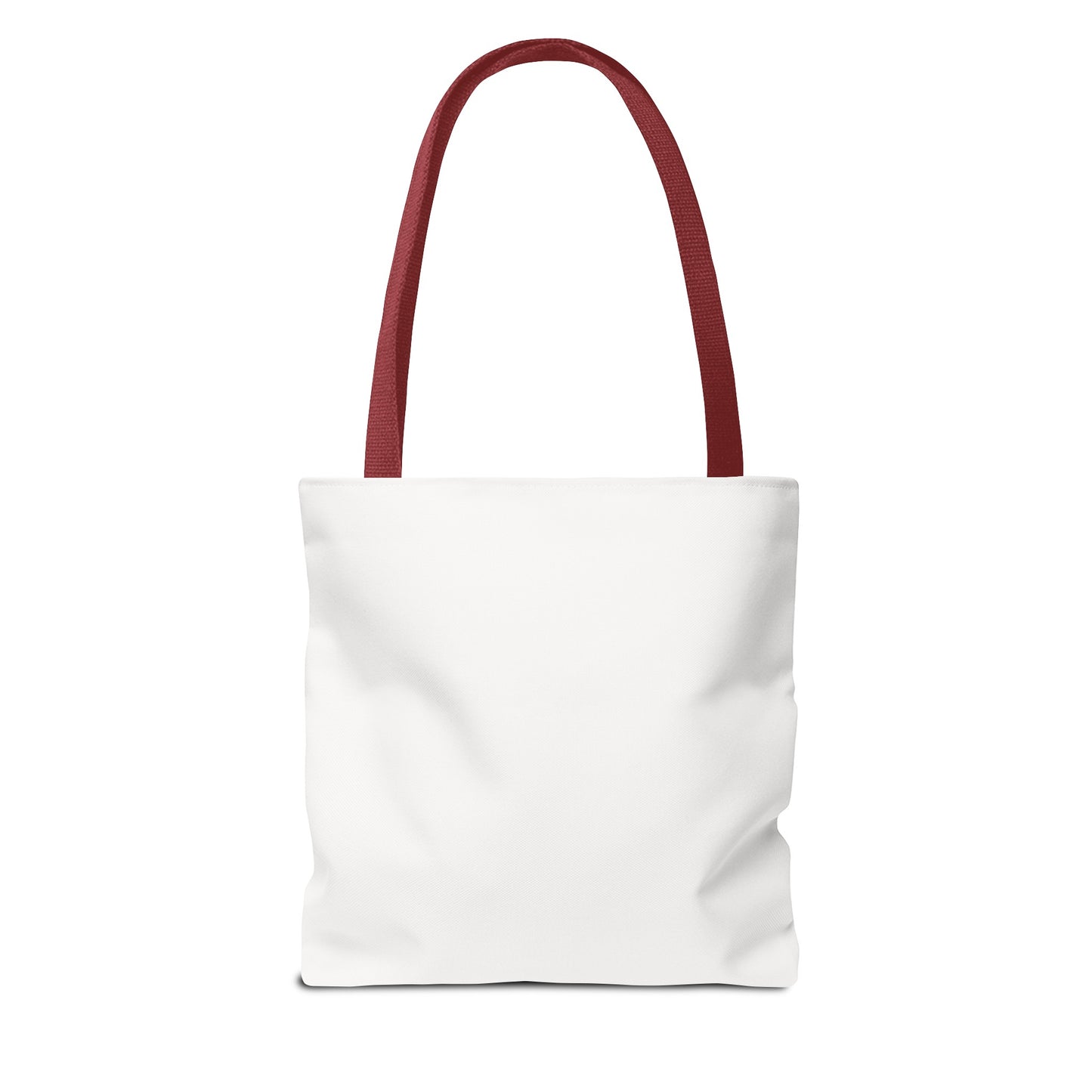 Plain white tote bag with red handles, front view