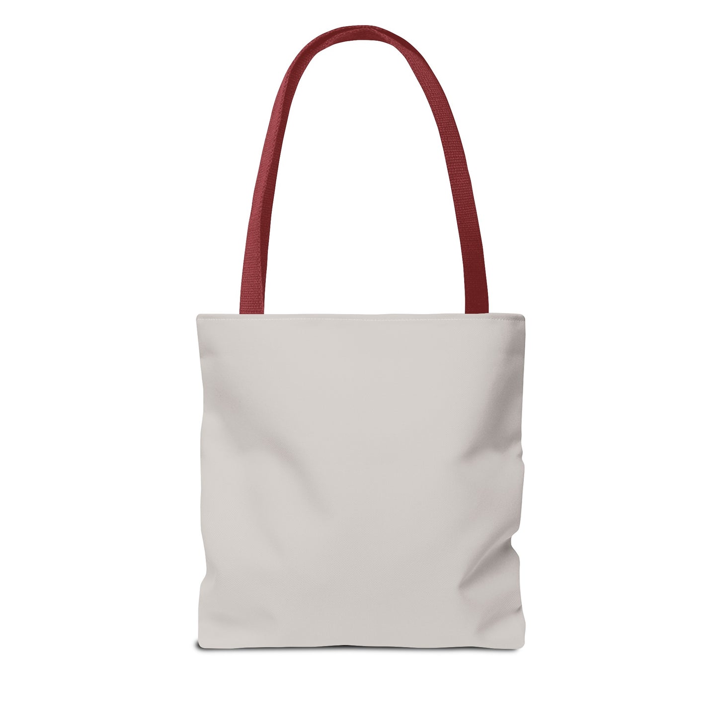 Plain white tote bag with red handles, angled front view
