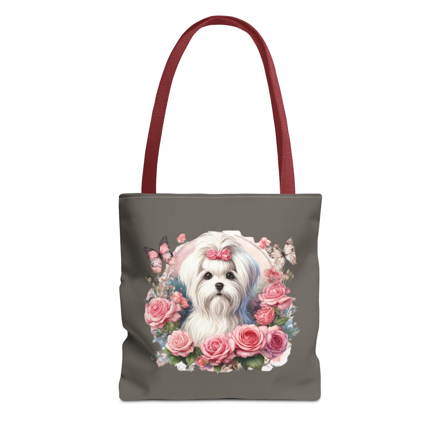 Dark grey Floral Coquette Maltese Tote Bag with illustrated Maltese puppy and roses