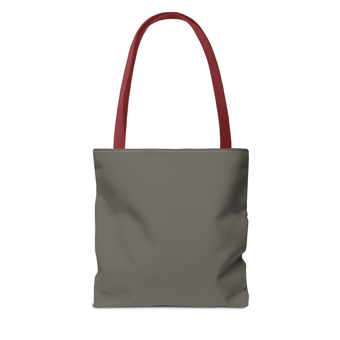 Dark grey tote bag with red handles, back view