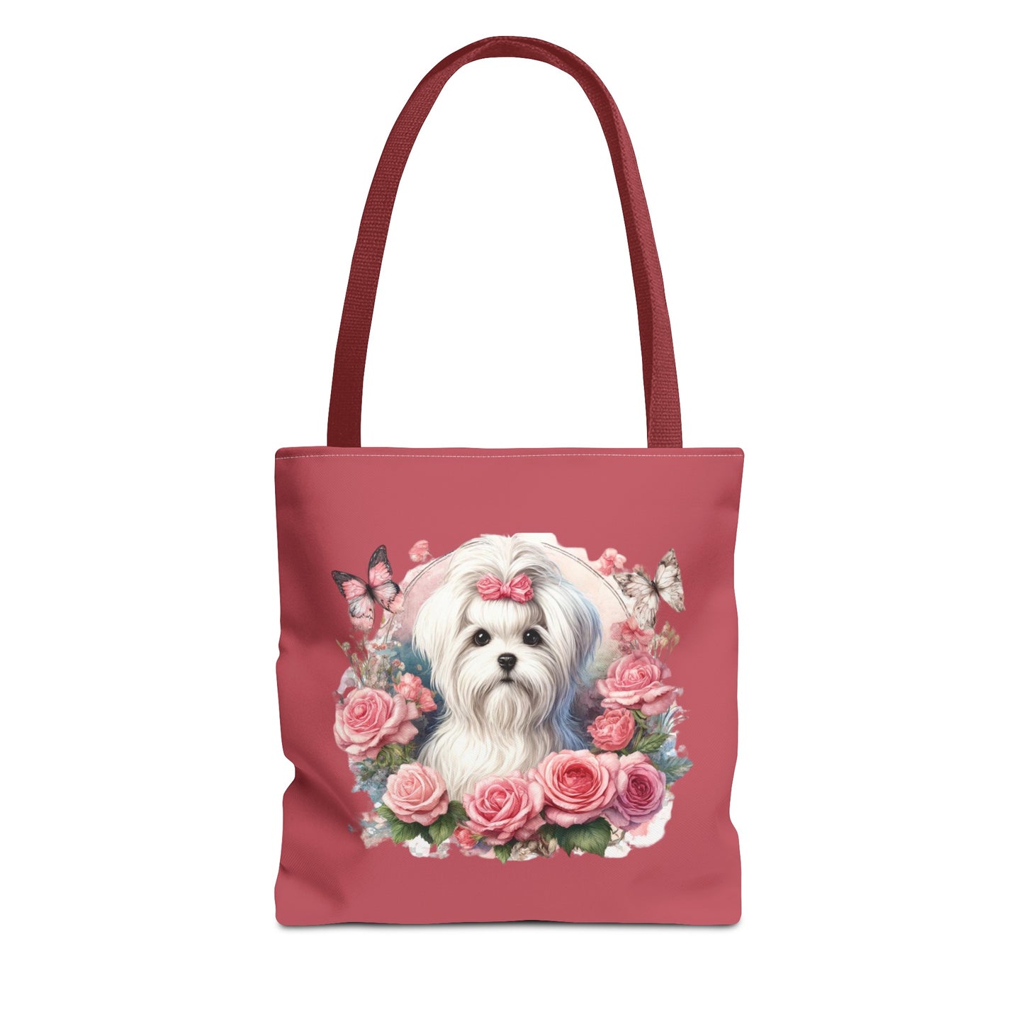 Dusky rose Floral Coquette Maltese Tote Bag with cute Maltese dog and floral design