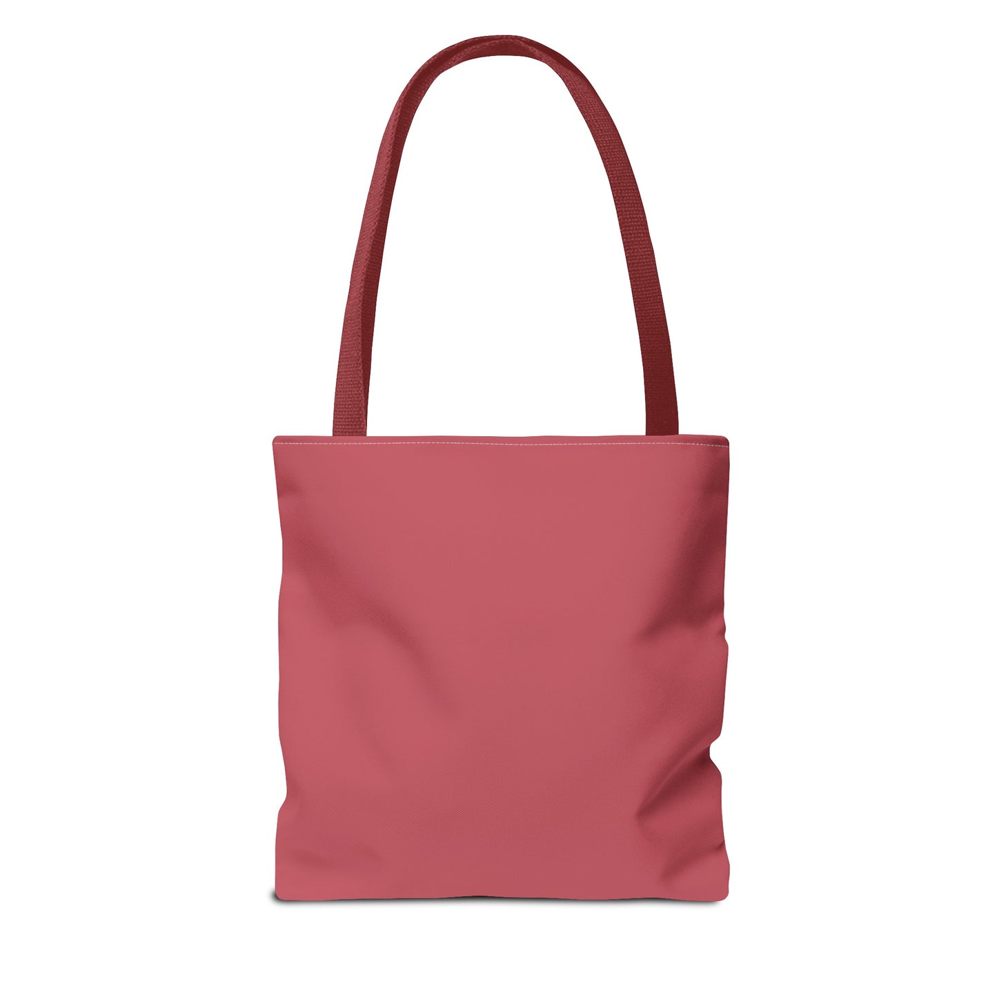 Dusky rose tote bag with red handles, back view