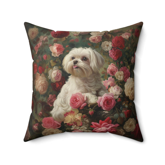 Photorealistic Maltese dog on a floral pillow with dark background, square format