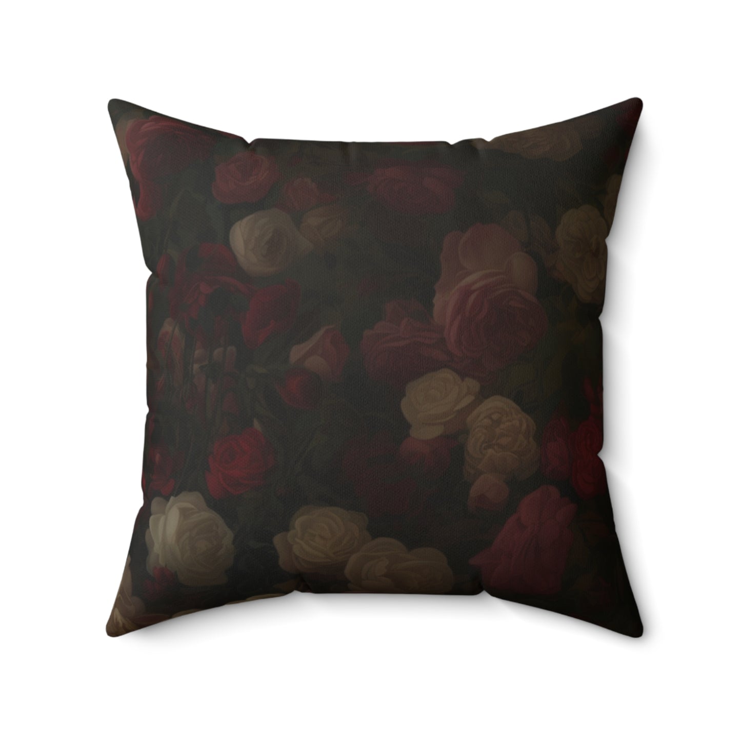 Back side of the throw pillow with dark rose floral print, square format