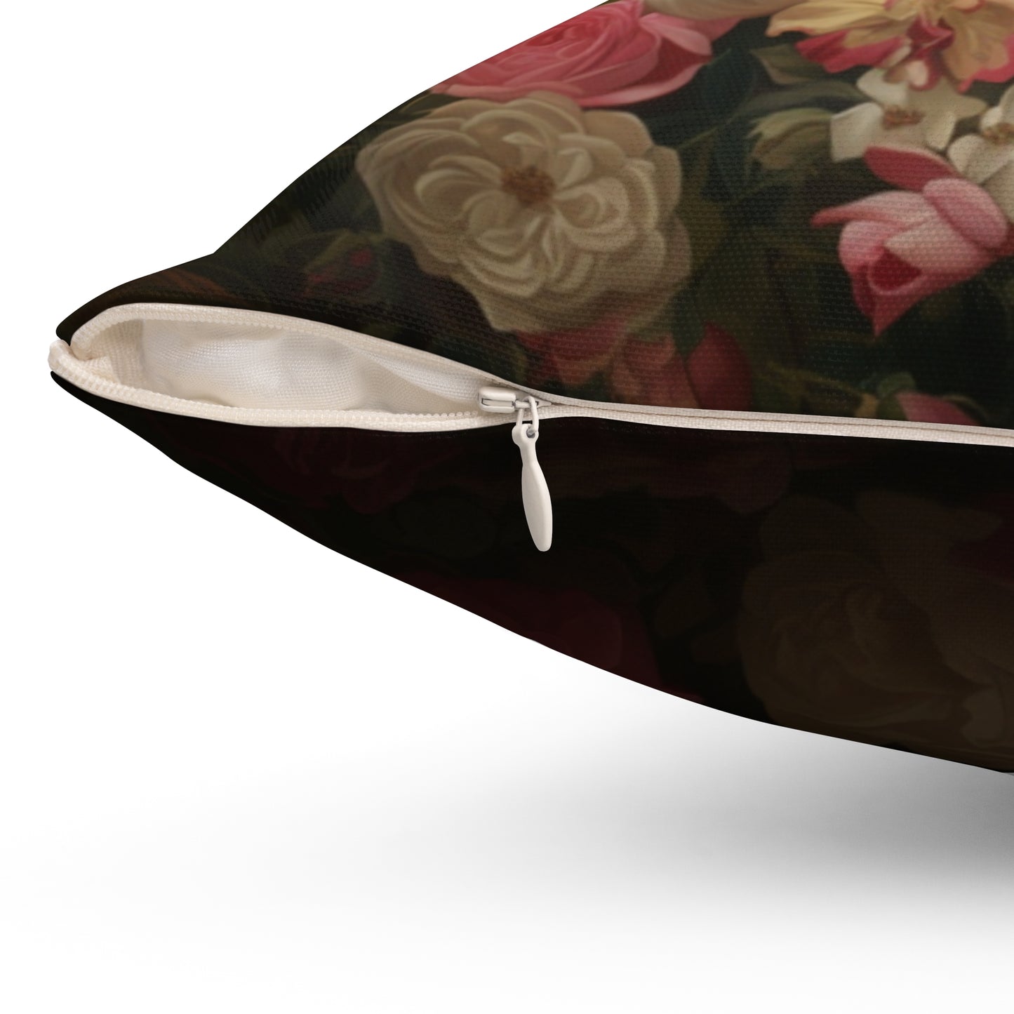 Close-up view of concealed zipper on floral pillow, detailed texture