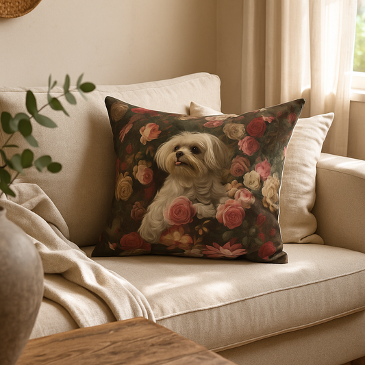 Photorealistic pillow with white Maltese dog surrounded by blooming roses on a beige sofa with soft natural light