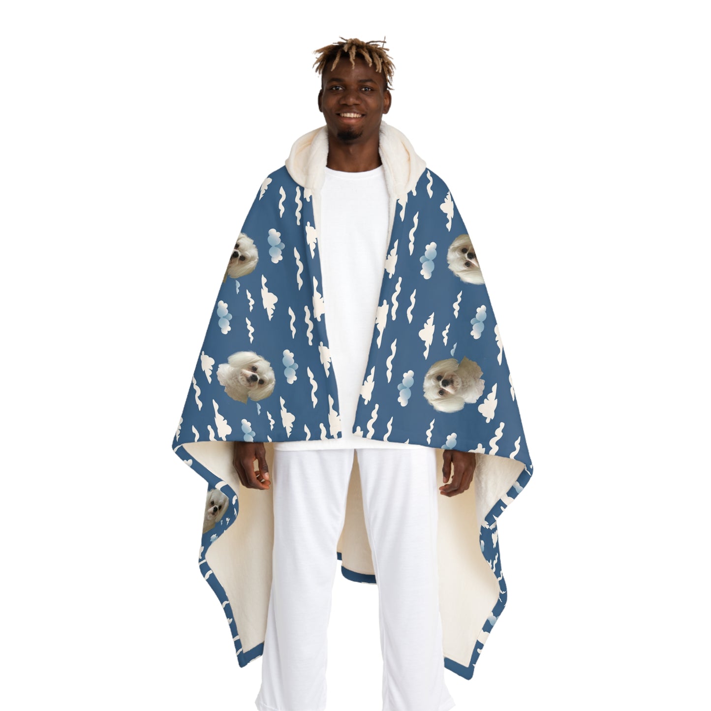 Personalized hooded blue sherpa blanket with custom dog image and dreamy cloud background on men