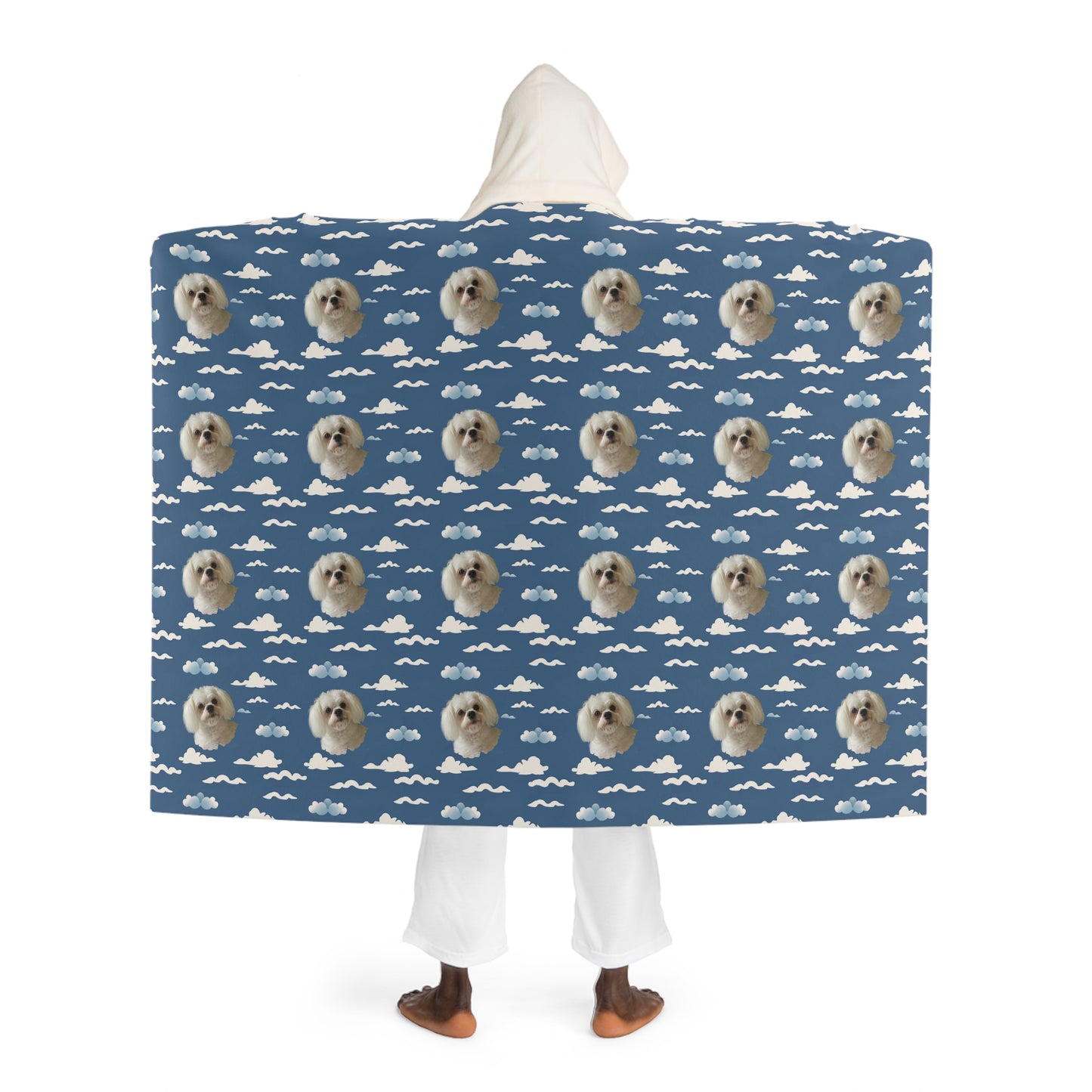 Personalized hooded blue sherpa blanket with custom dog image and dreamy cloud background