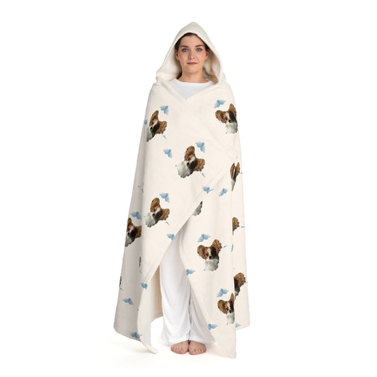 Personalized hooded white sherpa blanket with custom dog image and dreamy cloud background on women