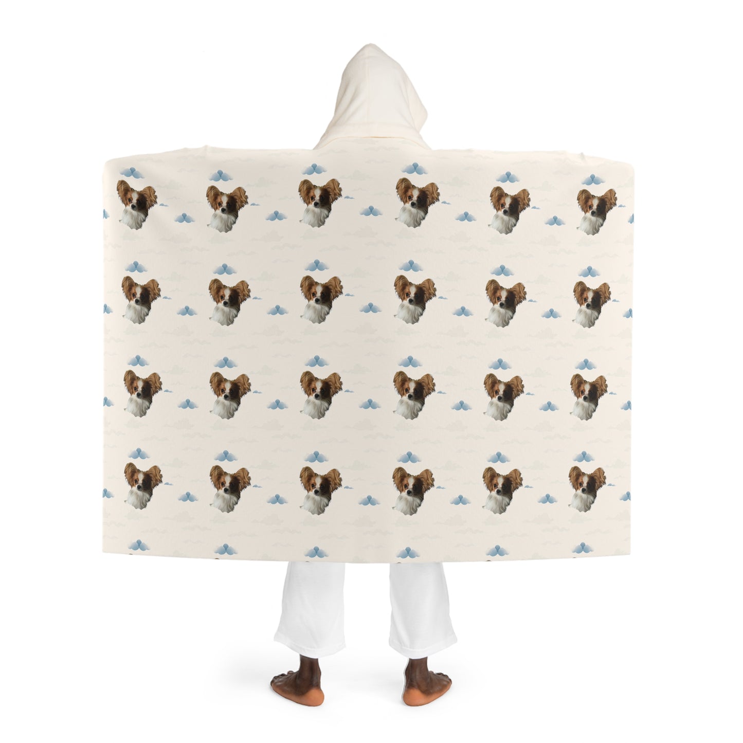 Personalized hooded white sherpa blanket with custom dog image and dreamy cloud background