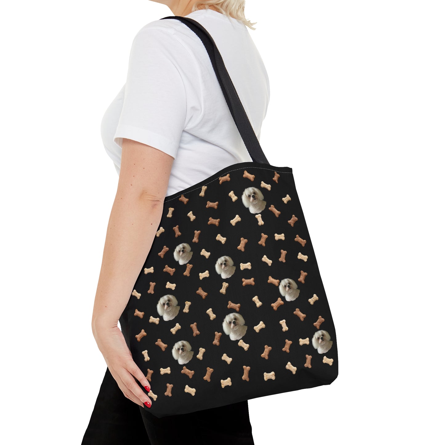 Personalized black dog tote bag made from eco-friendly canvas with a custom pet image print on shoulder