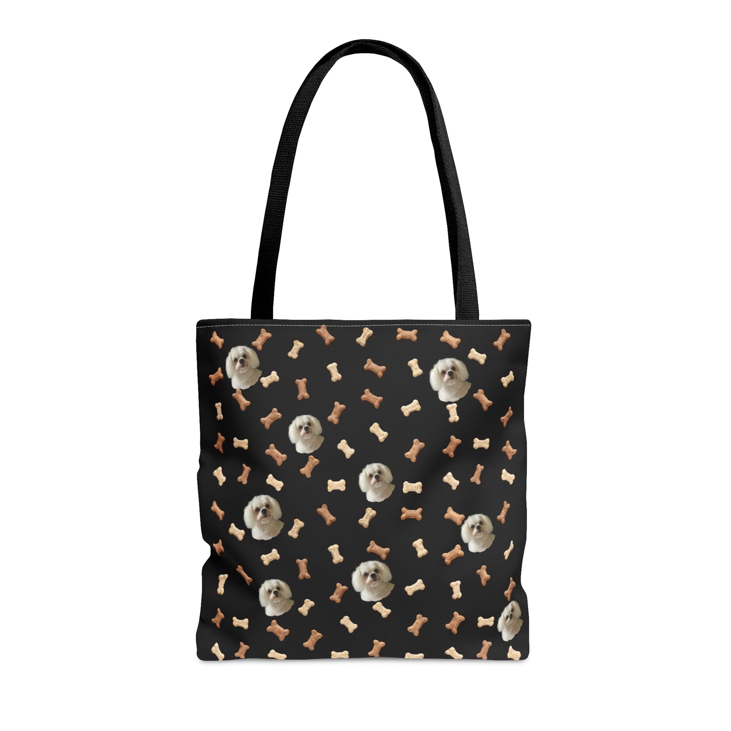 Personalized black dog tote bag made from eco-friendly canvas with a custom pet image print