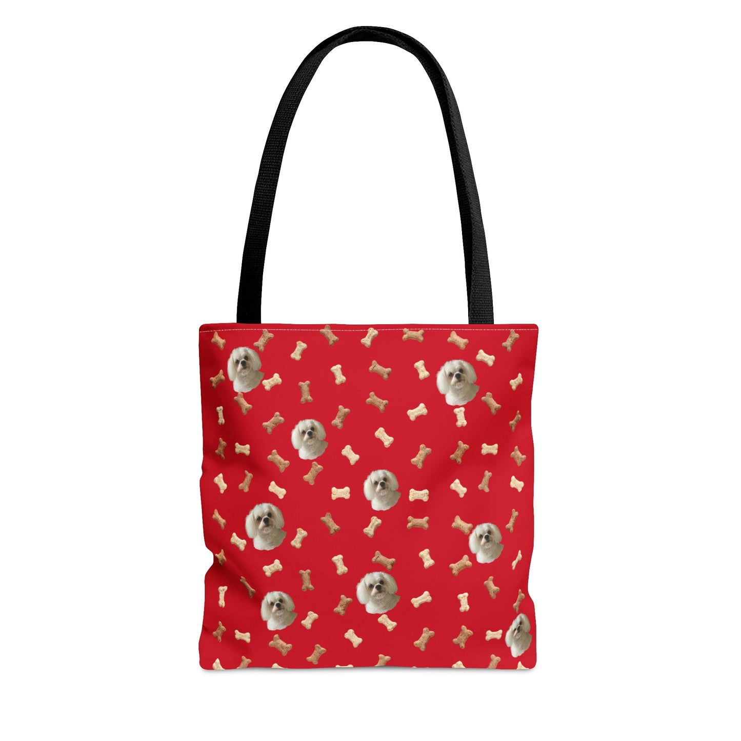 Personalized dark red dog tote bag made from eco-friendly canvas with a custom pet image print