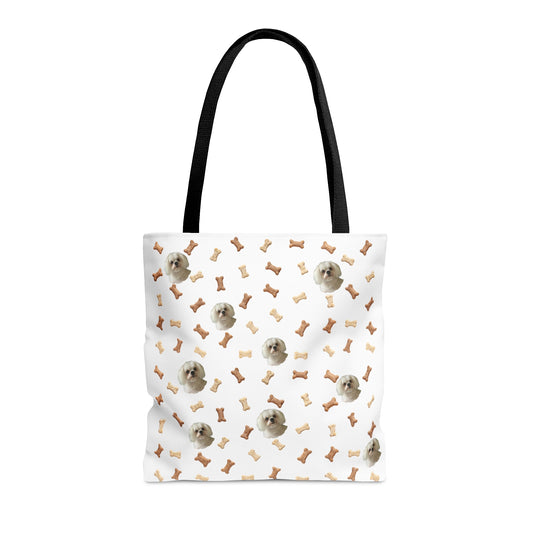 Personalized white dog tote bag made from eco-friendly canvas with a custom pet image print