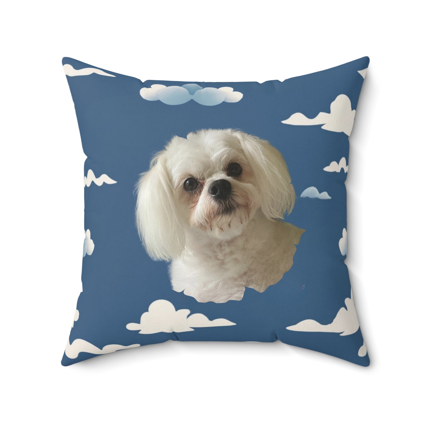 Personalized blue square pillow with custom dog photo and soft cloud pattern design