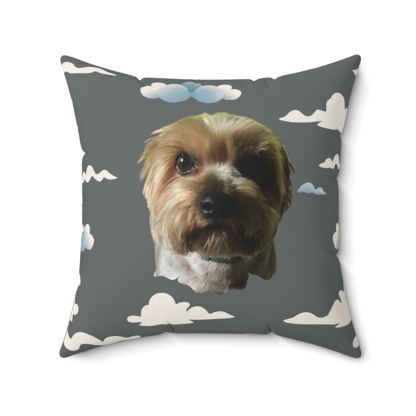 Personalized grey square pillow with custom dog photo and soft cloud pattern design