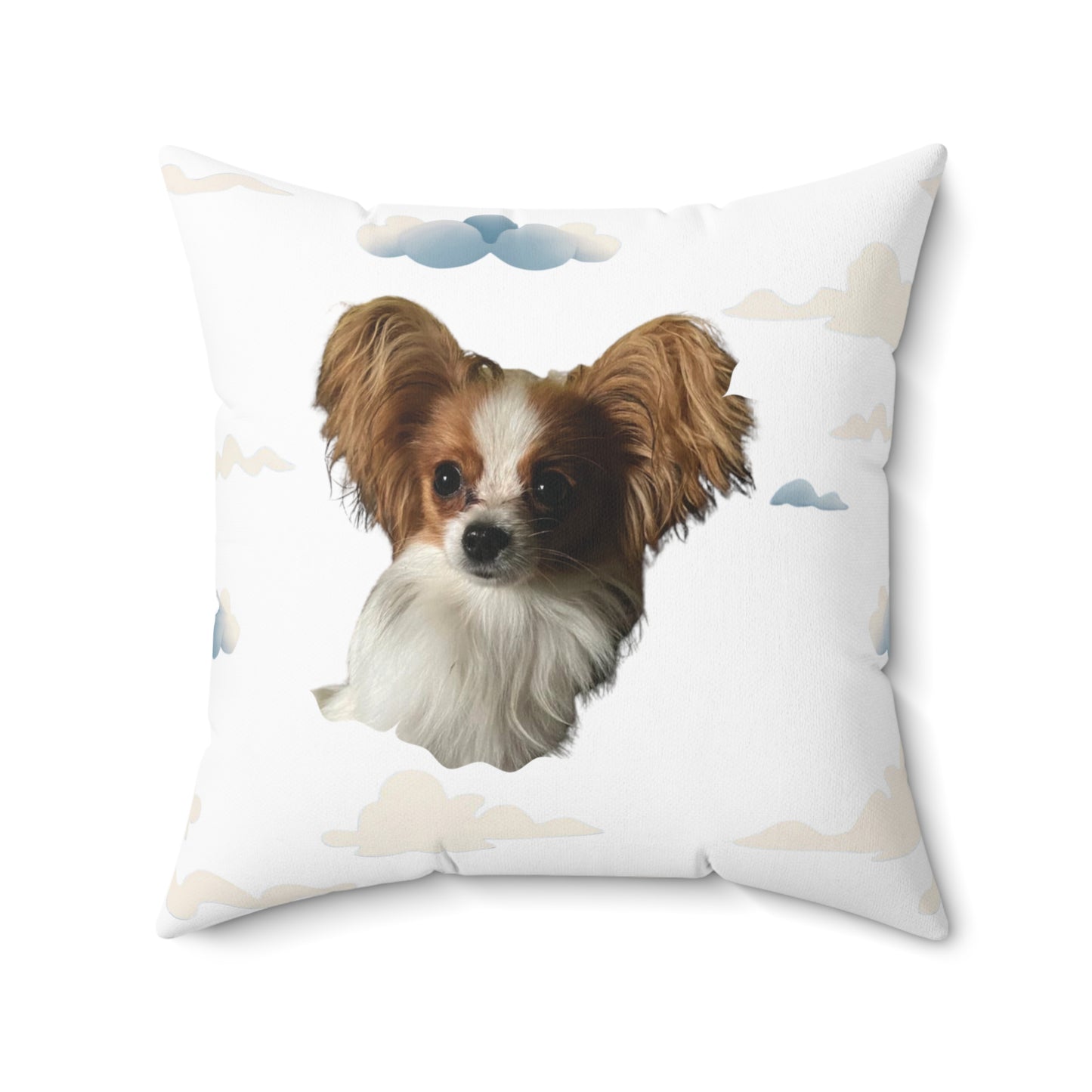 Personalized white square pillow with custom dog photo and soft cloud pattern design