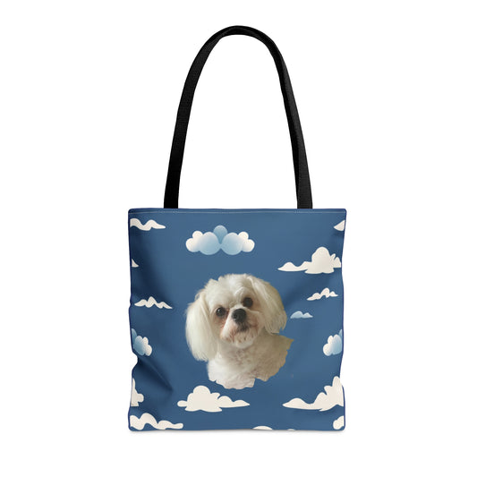 Personalized blue tote bag with custom dog photo and soft cloud pattern design